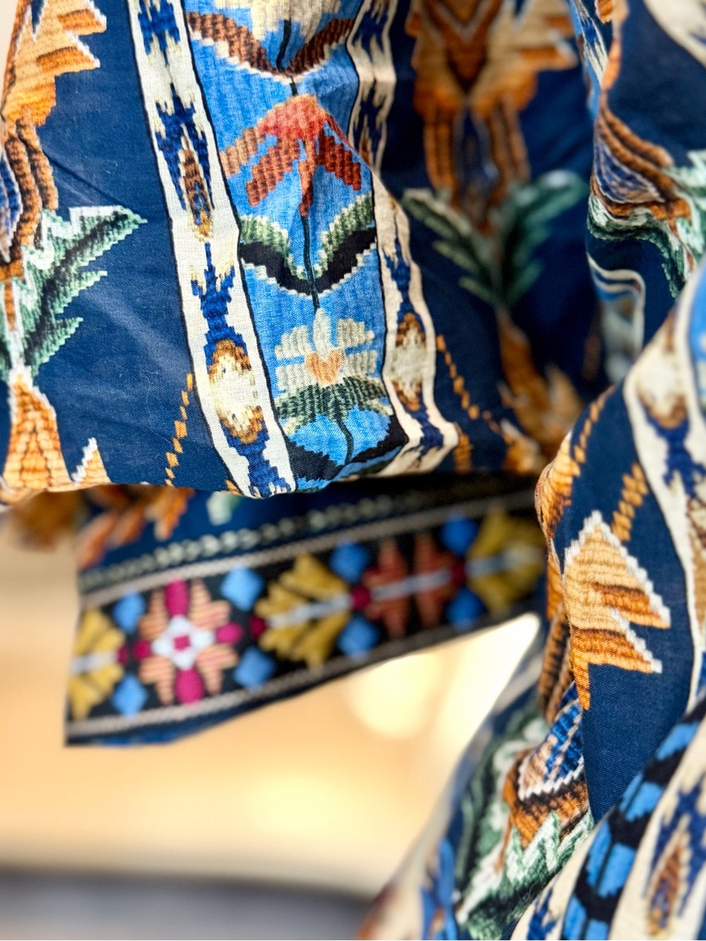 Farm Rio Boho Blue Floral Embroidered Tassel Puff Sleeve Blouse Top M Gypsy Lux - Picture 6 of 14